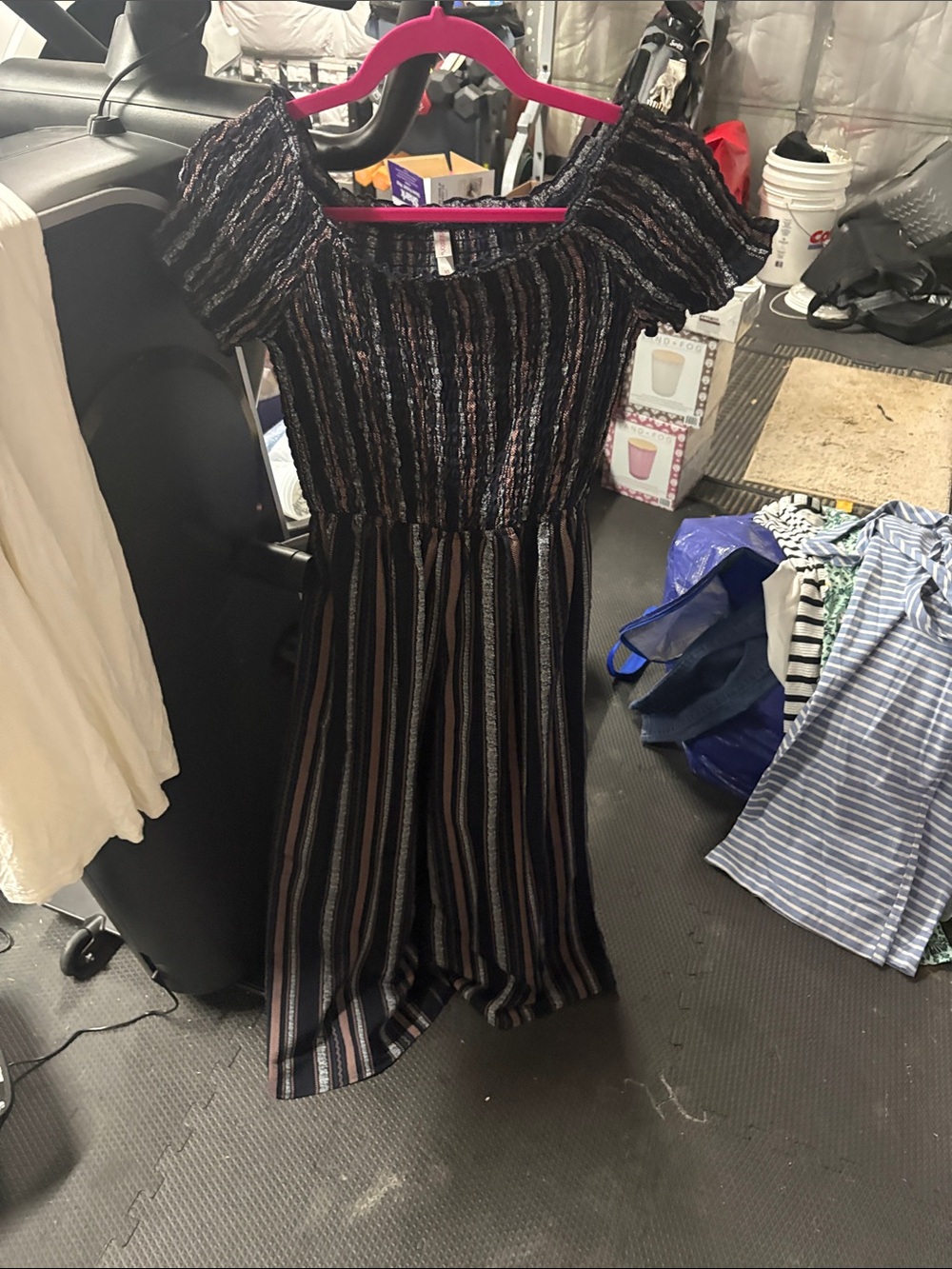 Xhilaration Black Metallic-Striped Off-Shoulder Jumpsuit